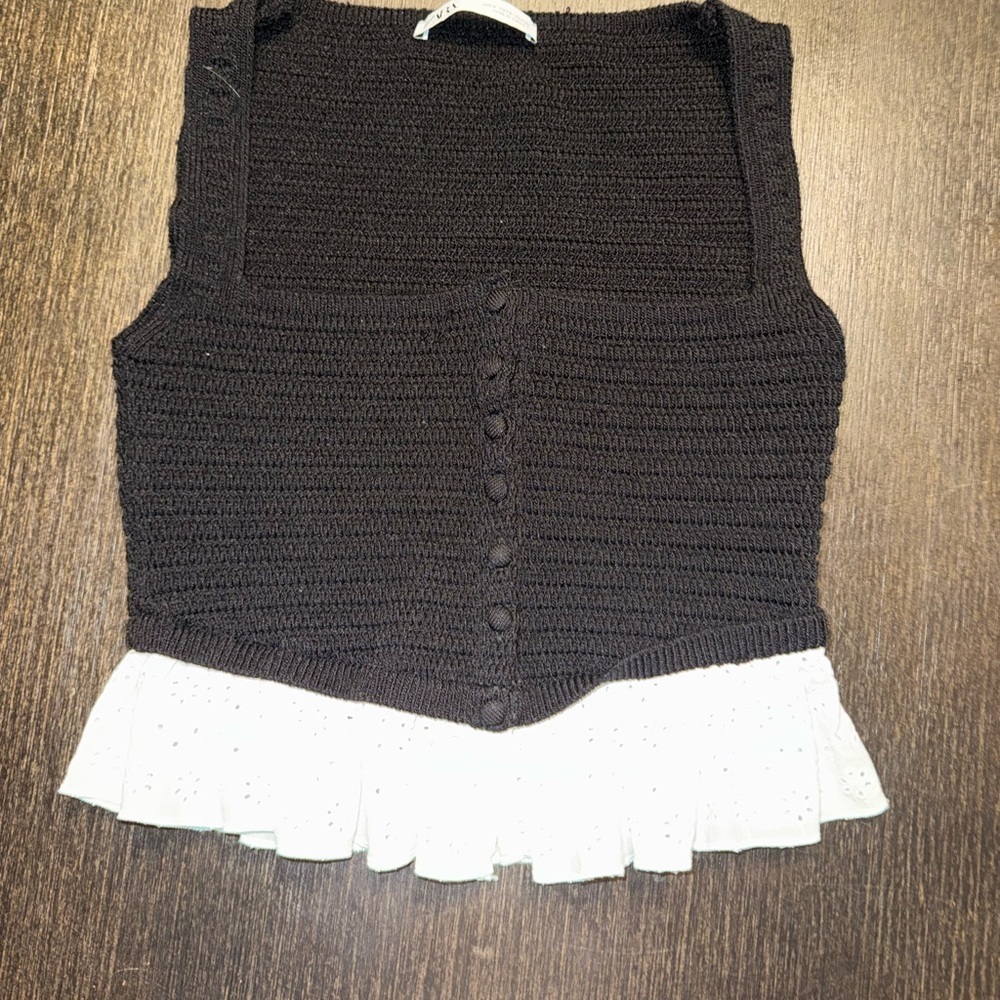 Zara Black Crochet Button-Front Crop Top with White Eyelet Ruffle